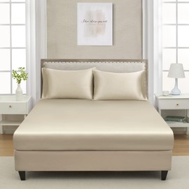Twin Extra Long Silk Satin Fitted Sheet, Soft Deep Pocket Single Bottom Bed Sheets Sold Separately, Wrinkle Free, Non- Fading, Breathable, Fully Elasticized(Twin XL Size, Taupe)