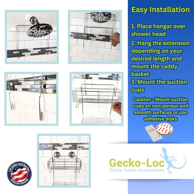 Gecko-Loc Extra Long Wide Adjustable Length over the showerhead hanging