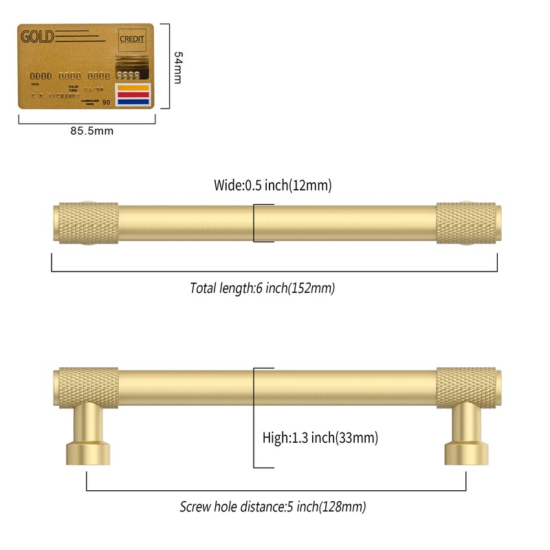 Coinkoly 10 Pack 5"(128mm) Brushed Gold Cabinet Pulls Knurled Kitchen