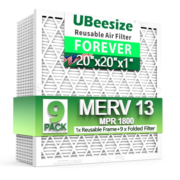 UBeesize Reusable Air Filter 20x20x1 (9-Pack), MERV 13 MPR 1800 AC/HVAC Furnace Filters,Deep Pleated Air Cleaner, (Actual Size 19.5" x 19.5" x 0.8"),1x Reusable ABS Frame+9 x Filter,Breathe Fresher