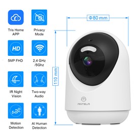 ANTELA 5MP Indoor Surveillance Camera, 2.4GHz/5GHz WLAN Camera, 2-Way Audio, 355°/180° Swivel, IR Night Vision to 10 m, Compatible with Alexa and Google Home