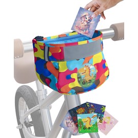JOZidea Kids Bike Basket – Safety Reflective Strap Design on Bike Basket Front – Clear Front Window with 5 Swappable Cards – Cute Scooter & Bicycle Bag for Boys Girls Toddlers (Brave Camo)