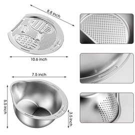 Rice Washer Strainer Bowl with Grater, 4-in-1 304 Stainless Steel Rinser Strainer with Side Drainers &Slicer Cuts, Kitchen Colander for Cleaning Quinoa, Fruits, Vegetables, Beans