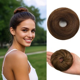 Human Hair Bun Messy Bun Straight Hairpiece 100% Real Human Hair with Elastic Rubber Band for Women Bun Extensions (#4 Medium Brown)