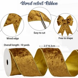 Briful Gold Velvet Christmas Ribbon 2.5 Inch Christmas Tree Ribbon with Metallic Wired Edge Velvet Ribbon for Gift Wrapping Wreaths Garland Big Bow Crafts Supplies(2 Rolls, 20 Yards)