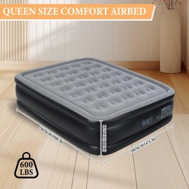 HikerSKY Queen Air Mattress with Built in Pump, Inflatable Mattress for Home, Blow up Air Bed 3 Min Quick Inflation and Deflation, Thin Velvet Top, 18'' Queen Size Gray