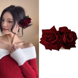 Flower Hair Clips Rose Clip for Women Girls Hawaiian Flower Hair Clips Hair Accessories for Rose Barrette Women Bridesmaids Bride Bachelorette Wedding Hair Clips Dark Red