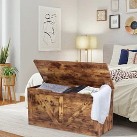 Timberer 39.4" Storage Chest, Wooden Storage Bench, Large Storage Trunk with 2 Safety Hinges, Entryway Shoes Bench for Living Room, Bedroom, Rustic Brown