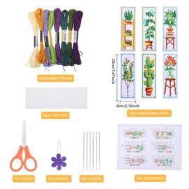 ORIGACH 6 Set Green Plants Cross Stitch Bookmark Kit for Beginner with Backing Felt Floss Instructions DIY Stamped Embroidery Bookmark Kit for Adults, Book Lovers