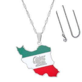 Iranian Flag Map Necklace, Silver Chain Pendant with National Colors, Patriotic Jewelry, Small, Stainless Steel, No Gemstone