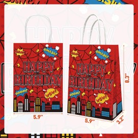 MIHYLNE 12 Pcs Red Spider Party Favors Paper Bags,Spider Web Gift Bags with Handles,Double Sided Printed,Candy Goodie Bag For Birthday Baby Shower Decorations Supplies