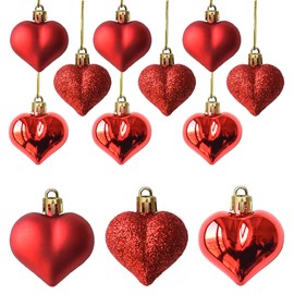 Tindobewan 12Pcs Heart Ornaments Multi Finish Heart Baubles Hanging Ornaments for Valentine’s Day Decor Mother's Day Christmas Tree Wedding Anniversary Party Decoration(Red)