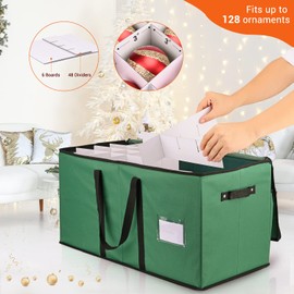Christmas Ornament Storage Box, Mrrihand Xmas Decoration Organizer with Adjustable Dividers - Storage Container Keeps 128 Holiday Ornaments 3-Inch, Dual Zipper Closure, 600D Tear-Proof Material(Green)