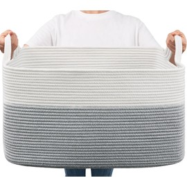 Goodpick Large Toy Storage Basket, Grey Cotton Rope Baskets Toy Storage Bin for Baby, Kids, Woven Storage Basket with Handle for Laundry, Living Room, Nursery, Bedroom, 21.6" x 14.9" x 11.8"