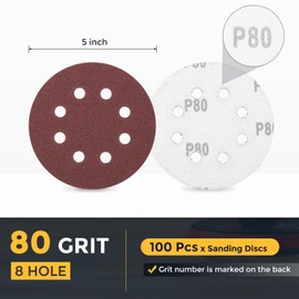 HARFINGTON 100 Pcs 5 Inch Sanding Disc 8 Hole 80 Grit Hook and Loop Sandpaper Random Orbital Sander Pads for Woodworking Automotive Metal Polishing