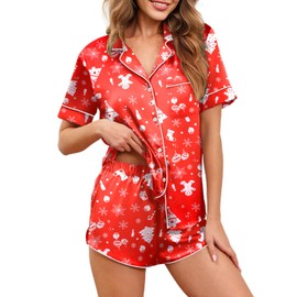 Ekouaer Womens Silk Satin Pajamas Set Short Sleeve Sleepwear Button Down Loungewear 2 Piece Pjs Shorts Set Christmas Tree X-Large
