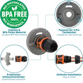 valuents Water Tank Cap 3 Pins 78 mm Diameter - Dark Grey - for Motorhome with Hose for Water Filler Pipe + Plus: Adapter for Water Hose