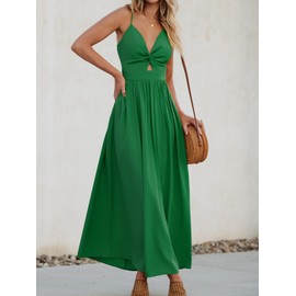 CUPSHE Women's Twisted Dress V Neck Sleeveless Long Dress Pleated Self Tie Back Adjustable Cami Maxi Dress Green, S