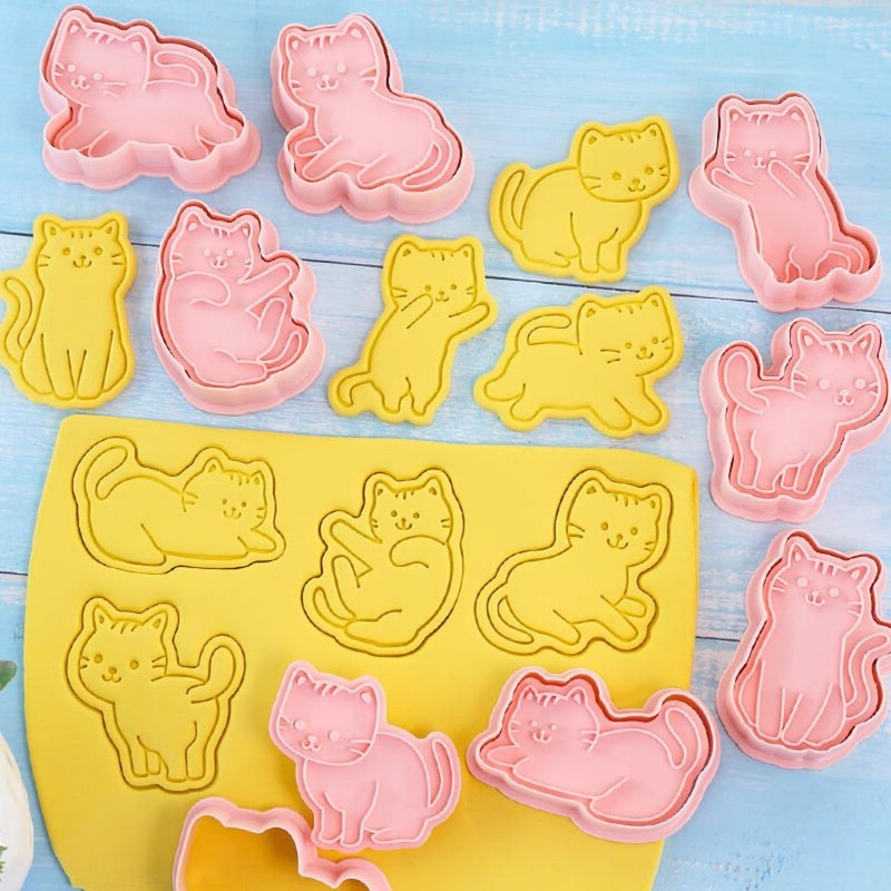 Crethinkaty Cat Cookie Cutters Set-8 Plastic Cookie Cutter Stamp- Cat