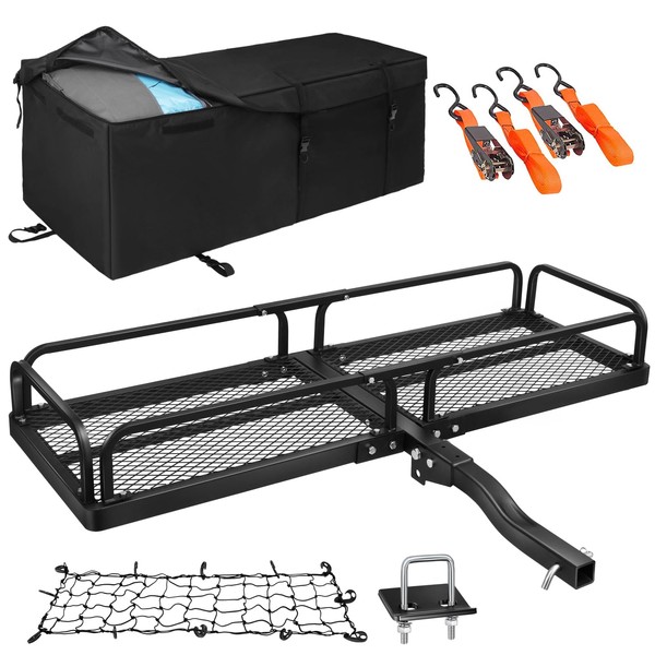 EDOSTORY 60"X 20"X6" Folding Hitch Mount Cargo Carrier Weight Capacity 500 LBS, Fits 2" Receiver with 2" Hitch Stabilizer, Waterproof Cargo Bag, 2 Ratchet Straps, Cargo Net