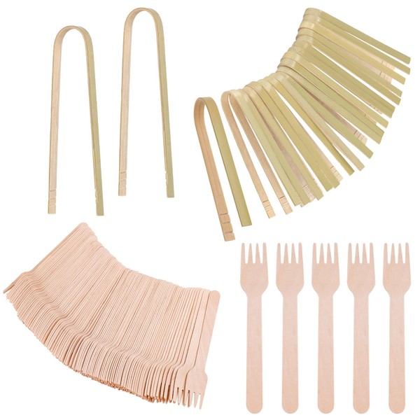 100pcs Wooden Fork with 30pcs Bamboo Clip, Wooden Cutlery Forks