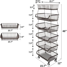 Piggy-G Fruit Vegetable Storage Basket with Wheels Kitchen Rack 6-Tier Stackable Floor-Standing Movable Organizer Household Snack Shelf for Living Room Dressers Stand