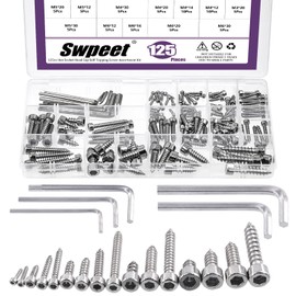Swpeet 125Pcs 16 Sizes M2 M3 M4 M5 M6 304 Stainless Steel Silver Hex Socket Cap Head Self Tapping Screws with 5 Sizes Hex Key Wrench Assortment Kit, Hexagon Socket Head Tapping Screws for Home Repair