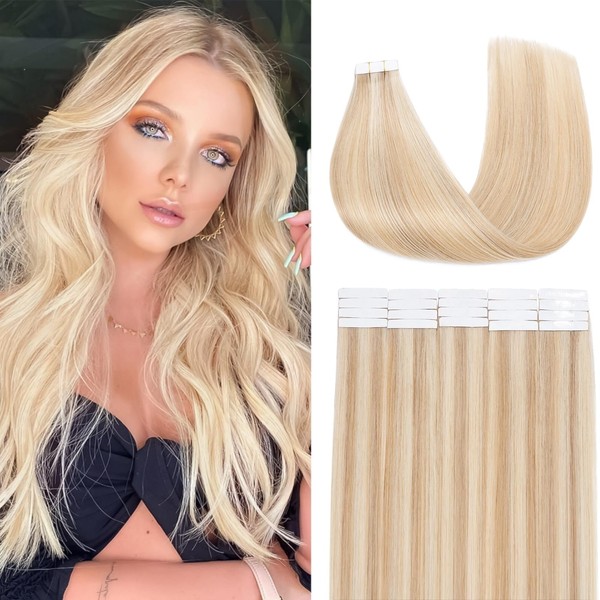 Benehair Tape-In Real Hair Extensions, Invisible Tape Extensions, Real Hair, 20 Pieces, 30 g, Remy Natural Tapes, 40 cm, Camel Mixed Light Gold #18P613