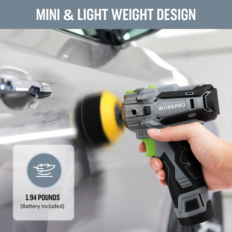 WORKPRO 12V Cordless Polisher, 3" Mini Car Detailing Buffer &