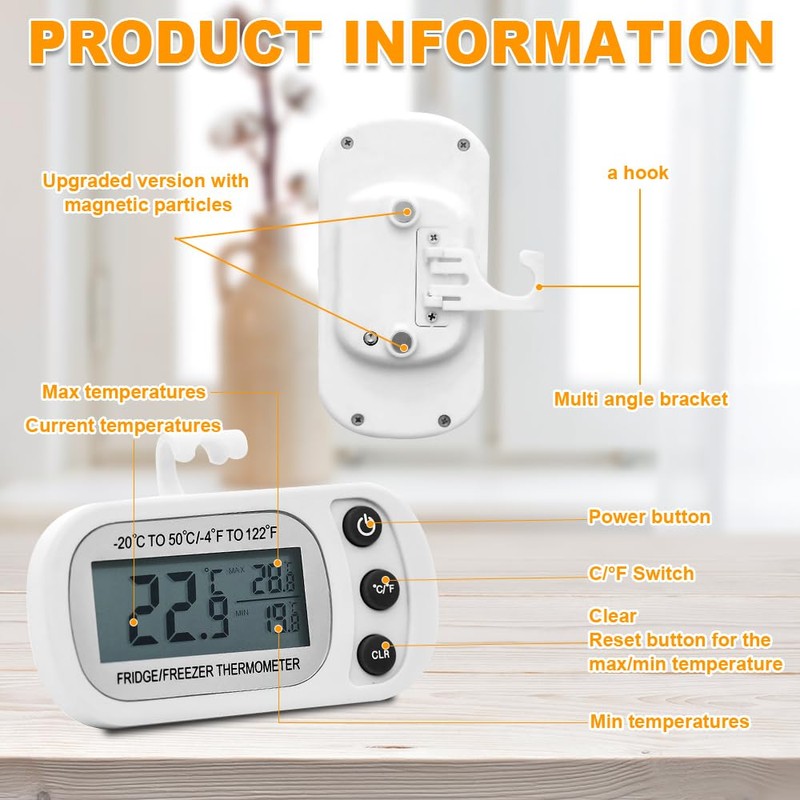 SGZIOO 4 PCS Fridge Thermometer Digital, Freezer Thermometer with LCD