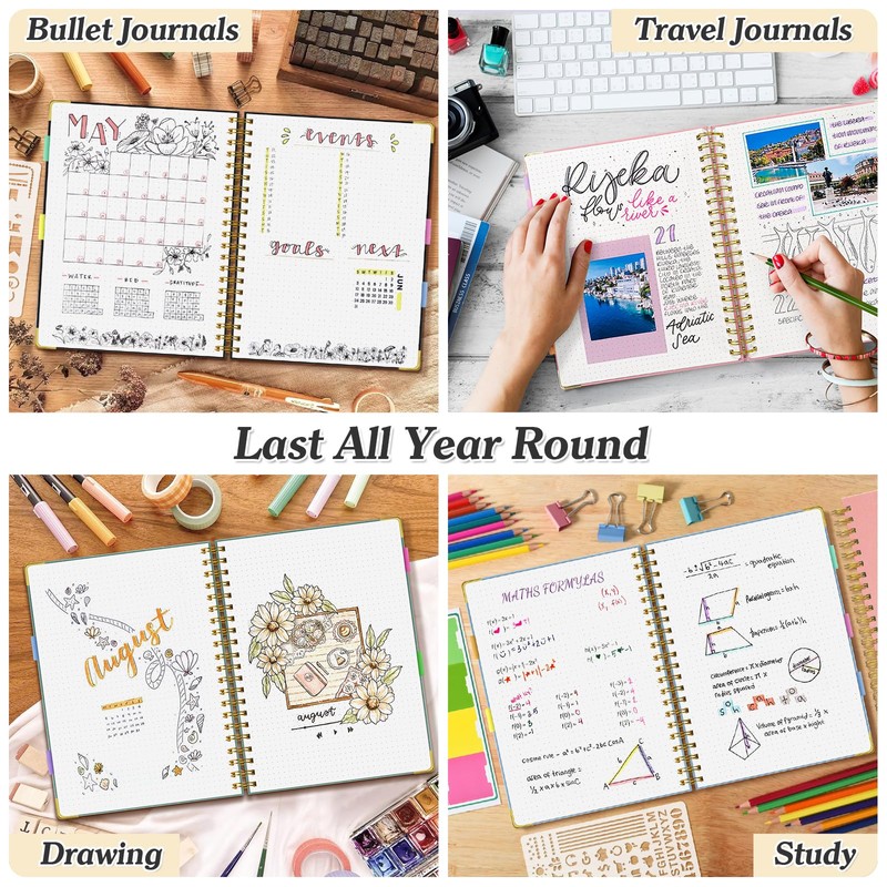 Bullet Dotted Journal Spiral Notebook, 300 Pages Leather Notebooks with