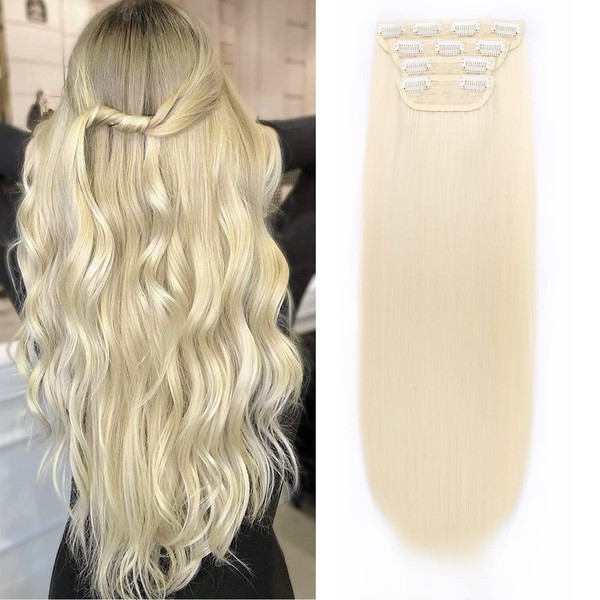 Xtrend 20 Inch Blonde Hair Extensions 4 Pieces 11 Clips Straight Thick Full Head Double Weft Clip in Synthetic Hair Extensions for Women 613#