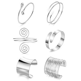 REVOLIA 6Pcs Arm Cuff Upper Arm Band Chunky Gold Cuff Bracelets for Women Adjustable Upper Arm Bracelet Minimalist Coil Bangle Open Wide Warp Bracelets Set Style B-Silver