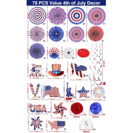78 PCS 4th of July Patriotic Hanging Decorations Red White Blue Round Paper Fans Pom Poms Flowers Hanging Swirls with Americans USA Flag Fourth of July Memorial Day Independence Day Party Decor
