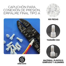 Capuchón para Conexión Eléctrica Tipo A, 100 Piezas, Sella Cables, Plástico de Alta Durabilidad, Conexión a Presión, Medidas 1x2.5 cm, Certificado CE5, Empalme Final Tipo A, GS