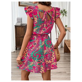 SOLY HUX Women's Boho Print Tie Back Mini Dress Ruffle Cap Sleeve Crew Neck Vacation Dresses Pink Paisley X-Large