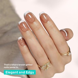 Short Press on Nails Square | GJZEZ Soft Gel Fake Nail with White French Tips & Sparkly Glittery Design, Long Lasting and Natural Look False Nail | 16 Sizes - 32 Reusable Nail Kit with Glue, Chestnut