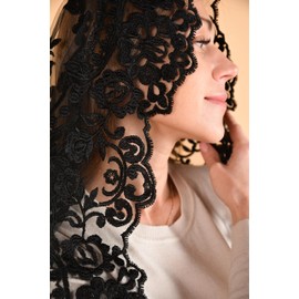 Maria Veils Catholic Mantilla Mass Veil Church Lace Veil Spanish Chapel Mass Head Covering Veil SHORT (Black)