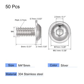 sourcing map Flanged Button Head Socket Cap Screws, M4*8mm Hex Socket Drive Screw, 304 Stainless Steel Fasteners Bolts, Fully Threaded Machine Screw 50Pcs