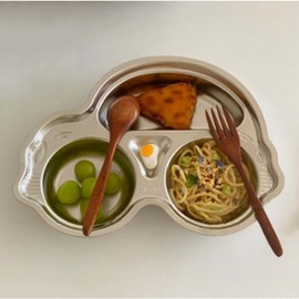 Stainless Steel Divided Plate, Food Grade Cartoon Drop Proof Fun Shape Divided Dinner Tray for Adults Kids Food Portion Control Camping Lunch Snack(Beetle Car)