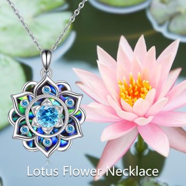 DAYLINLOVE Lotus Necklace 925 Sterling Silver Birthstone Abalone Shell Pendant Necklace Birthday Yoga Lotus Jewellery Gifts for Women Girls Mum Grandmother, Sterling Silver, No Gemstone