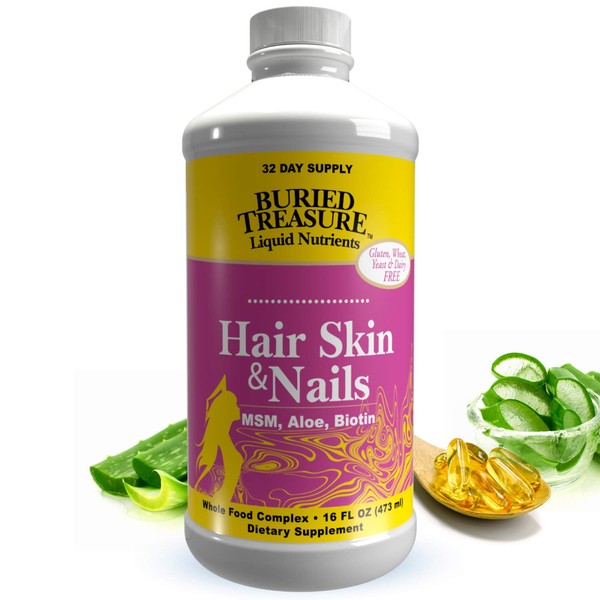 Buried Treasure Hair, Skin and Nails with MSM Biotin Aloe Vera Plus Vitamins and Minerals in a High Potency Liquid Whole Food Complex for Fuller Hair, Stronger Nails and Clearer Skin 16 oz