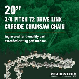 FORESTER 20in Carbide Full-Chisel Chainsaw Chain Loop | 3/8in | .050 Gauge | Fits Stihl, Oregon, and Husqvarna Chainsaws (72 Drives for 20" Bar)