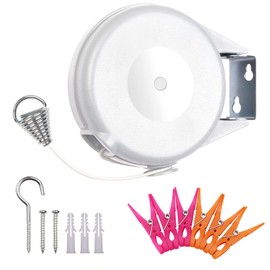 Summala Tendedero Retráctil, Tendedero para Exteriores e Interiores, Ajustable de 15 Metros, Tendedero Retráctil con 6 Clips para Balcón, Patio, Camping, Fácil Instalación (Blanco)