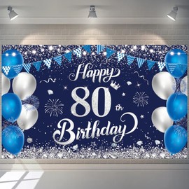 Happy 80th Birthday Banner, 1.1 x 1.8m Happy 80th Birthday Backdrop Banner Blue Silver 80th Birthday Decorations for Women Men, 80 Years Old Birthday Anniversary Party Supplies