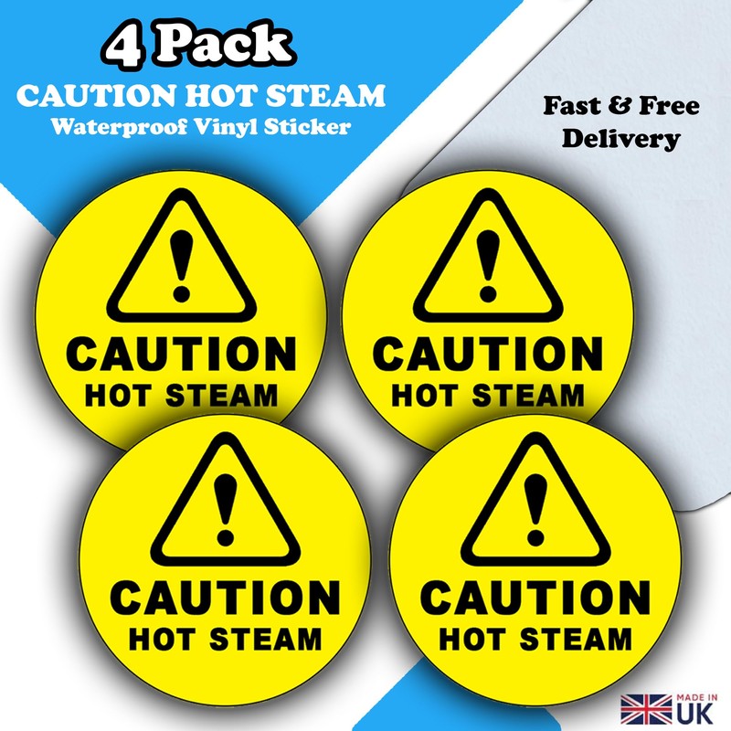 4 Pack - Caution Hot Steam Stickers - Waterproof Vinyl