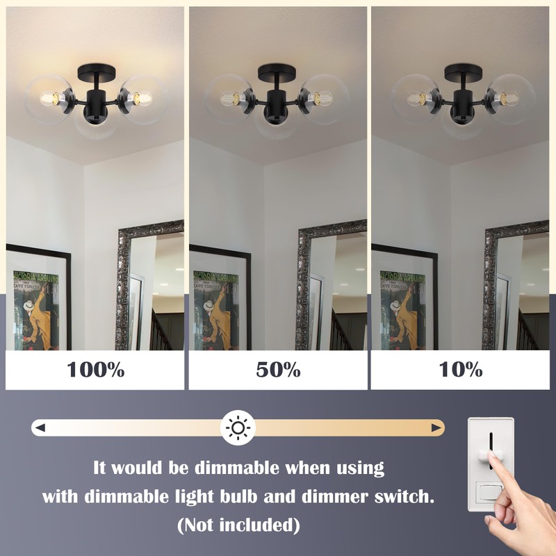 Bagood Mid Century 3-Light Clear Globe Glass Black Chandelier 19