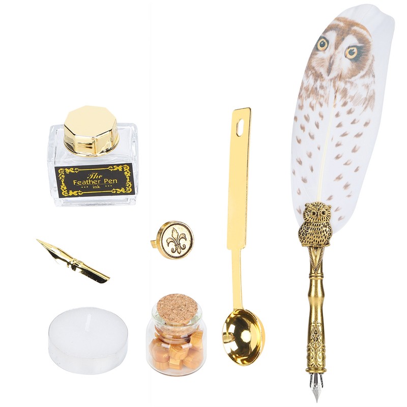 Dip Calligraphy Pen Set Owl Feather Pen Lacquer Stamp Vintage