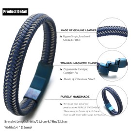HALUKAKAH Plus ● Jazz ● Men's Genuine Leather Bracelet Titanium Magnetic Clasp Size Adjustable 8.5"-9"(21.5-23cm) with Free Giftbox(Blue)