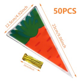 WRBAJIS Easter Cellophane Goodie Bags 50Pcs Carrot Shaped Candy Bags Plastic Treat Bags with Ties for Gift Cookies Easter Party Favors Supplies